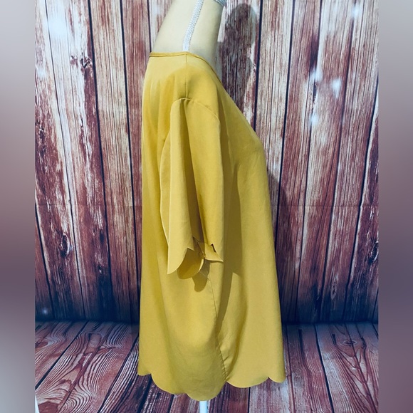 Women’s 3X Blouse Tickled Teal Mustard Short Sleeves U Neck Silky Ruffle Trim - Picture 9 of 12